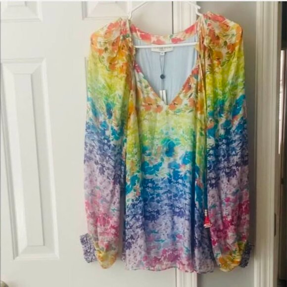 New* HALE BOB Octavia Chiffon Top Blue Multi-Color Size XL $80.00 - Picture 7 of 11